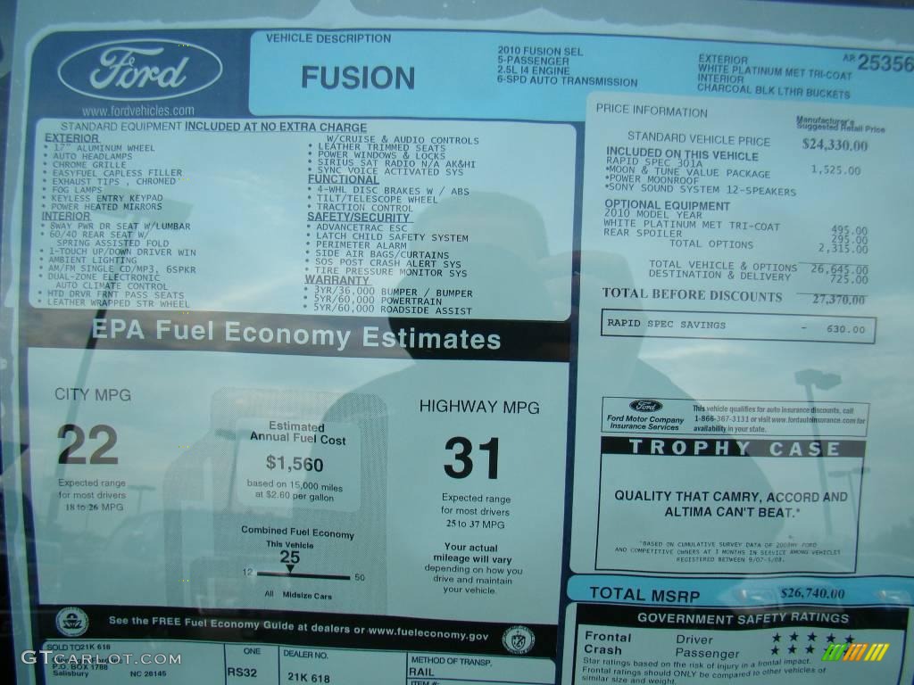 2010 Fusion SEL - White Platinum Tri-coat Metallic / Charcoal Black photo #15