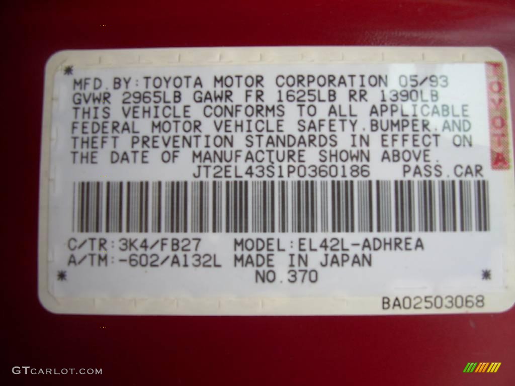 1993 Tercel DX Coupe - Red Pearl / Gray photo #10