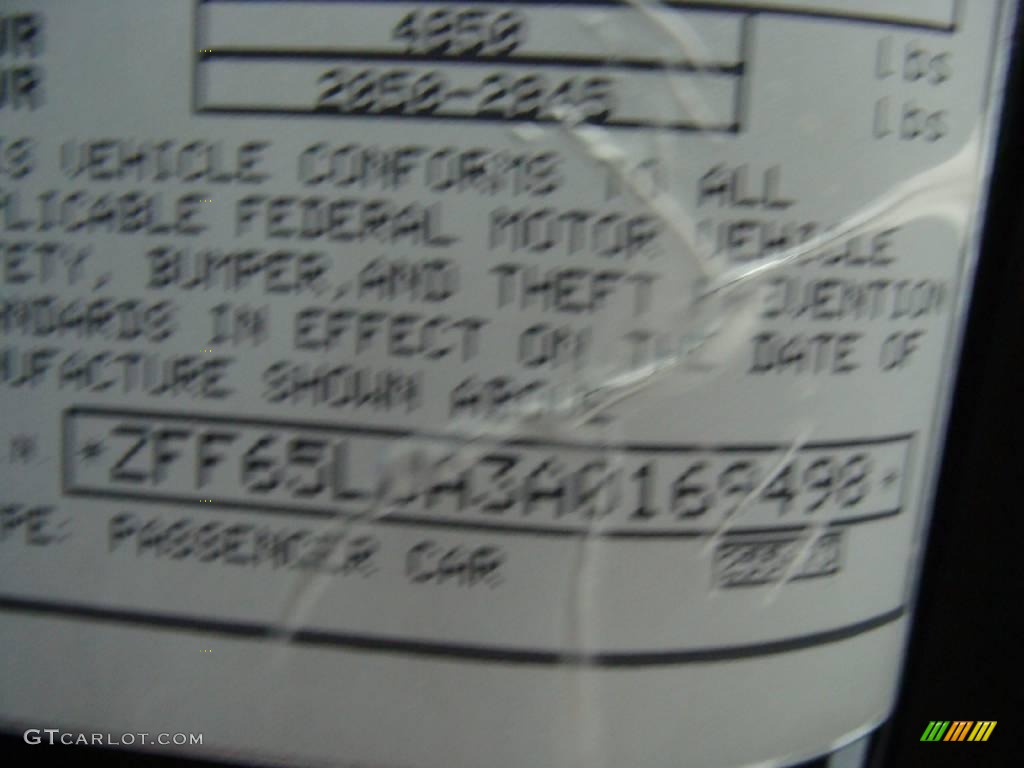 2010 Ferrari California Standard California Model Info Tag Photo #22011497