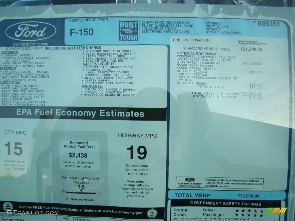 2010 F150 XL Regular Cab - Ingot Silver Metallic / Medium Stone photo #12