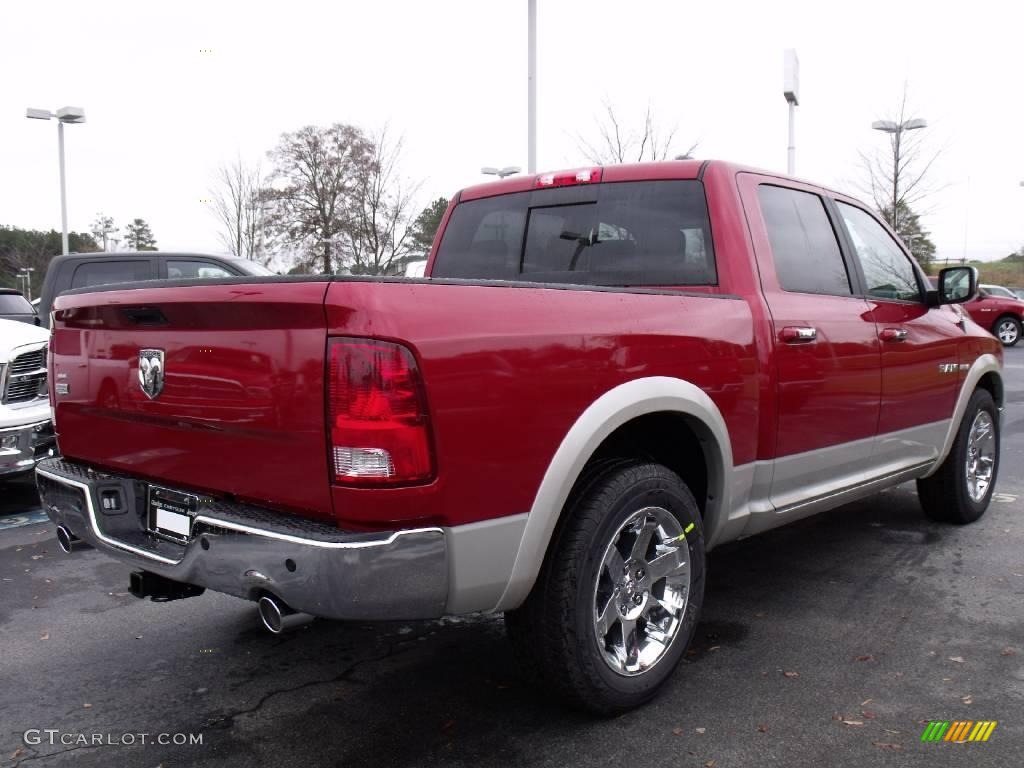 2010 Ram 1500 Laramie Crew Cab - Inferno Red Crystal Pearl / Light Pebble Beige/Bark Brown photo #3