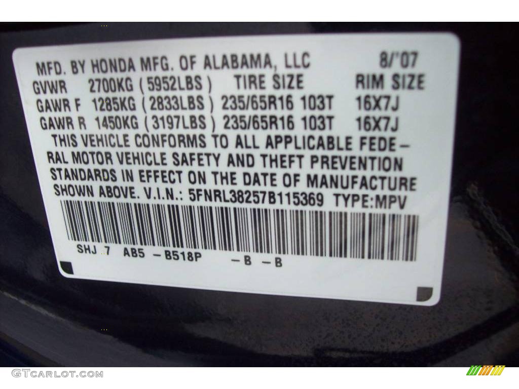 2007 Odyssey Color Code B518P for Midnight Blue Pearl Photo #22625055