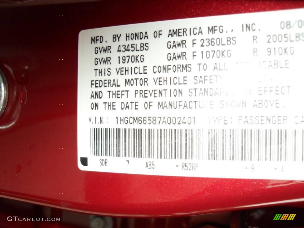 2007 Accord EX-L V6 Sedan - Moroccan Red Pearl / Gray photo #9