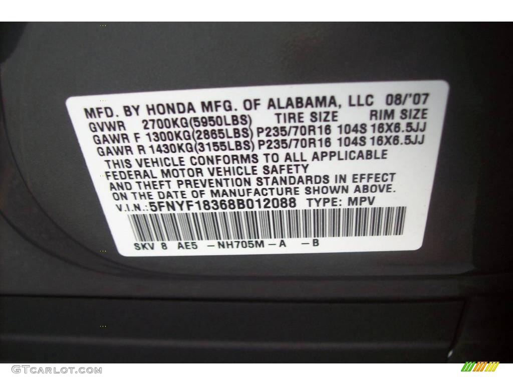2008 Pilot Color Code NH705M for Nimbus Gray Metallic Photo #23019614
