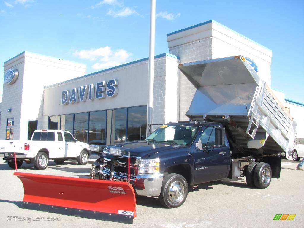 2008 Silverado 3500HD Regular Cab 4x4 Chassis Dump Truck - Dark Blue Metallic / Light Titanium/Dark Titanium photo #1