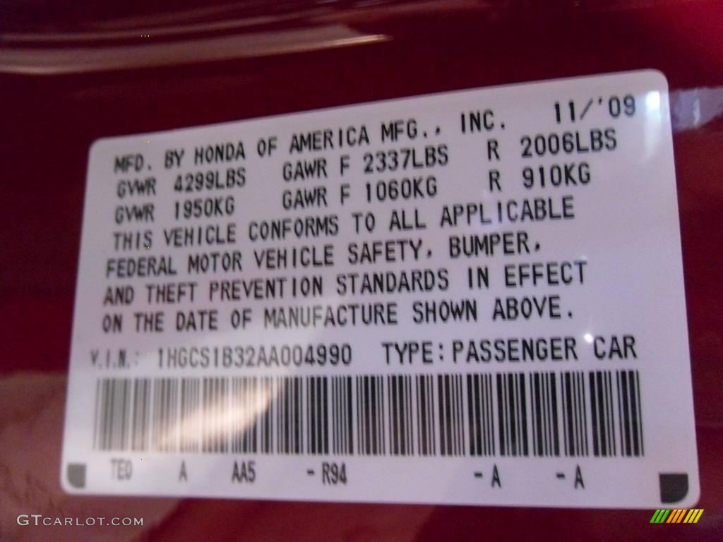 2010 Accord Color Code R94 for San Marino Red Photo #23323175