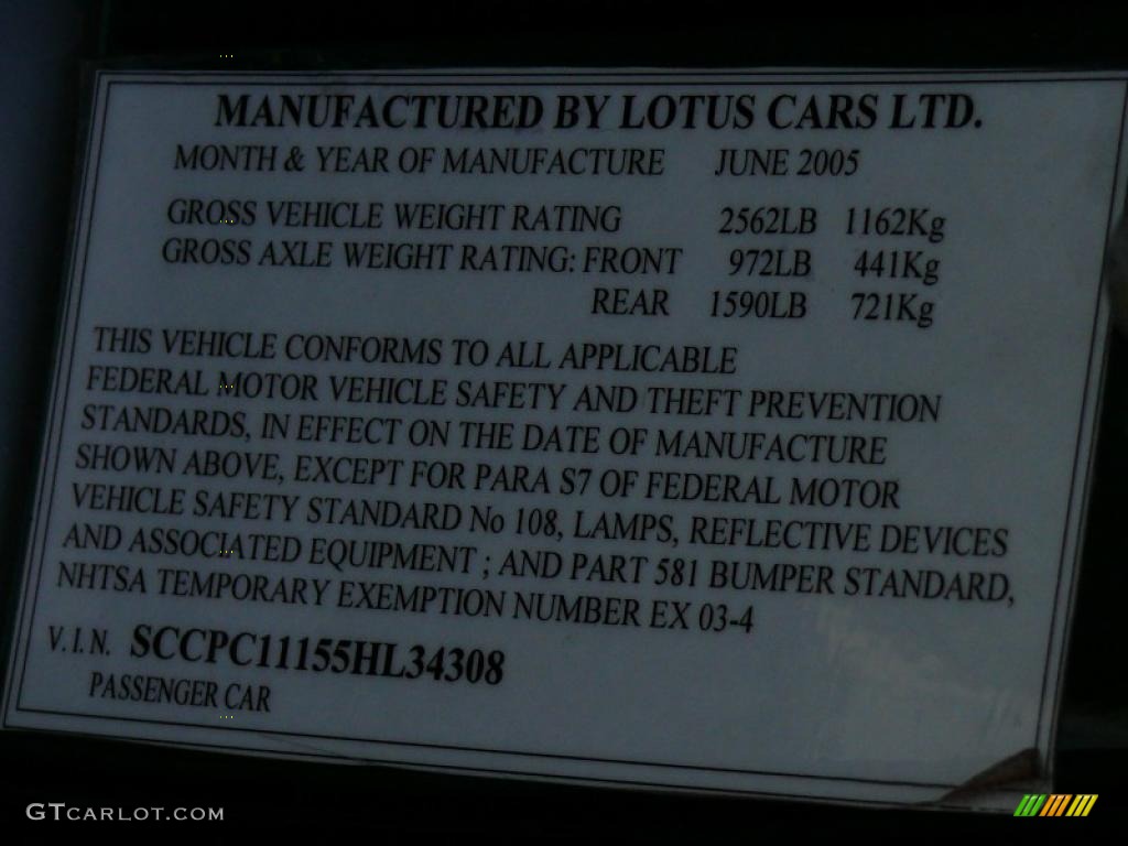 2005 Lotus Elise Standard Elise Model Info Tag Photo #23483196