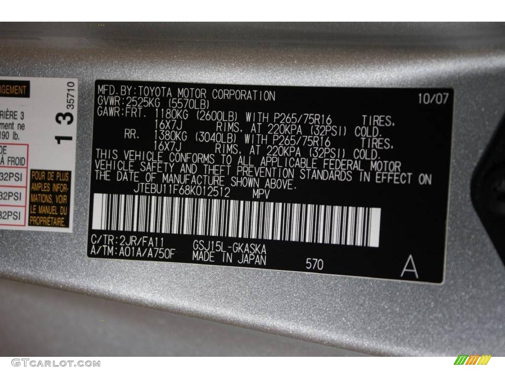 2008 FJ Cruiser Color Code 2JR for Titanium Metallic Photo #23490176