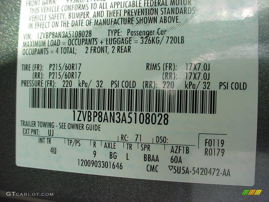 2010 Mustang Color Code UJ for Sterling Grey Metallic Photo #23506643