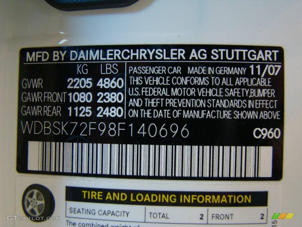 2008 SL Color Code 960 for Alabaster White Photo #24395668