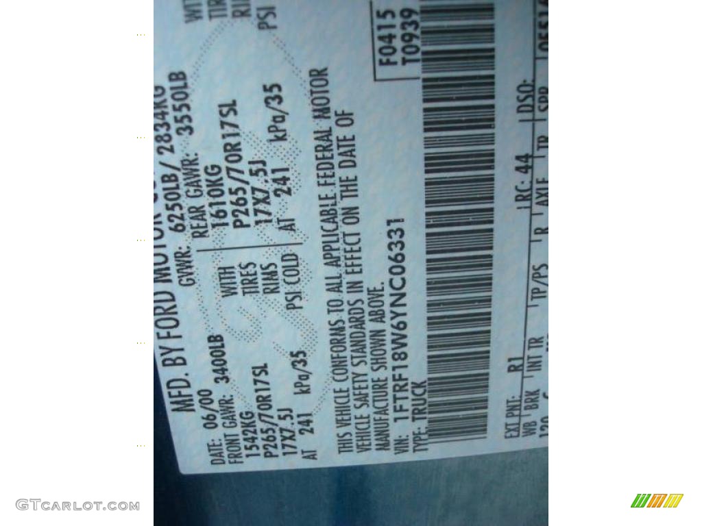 2000 F150 Color Code R1 for Island Blue Metallic Photo #24437409