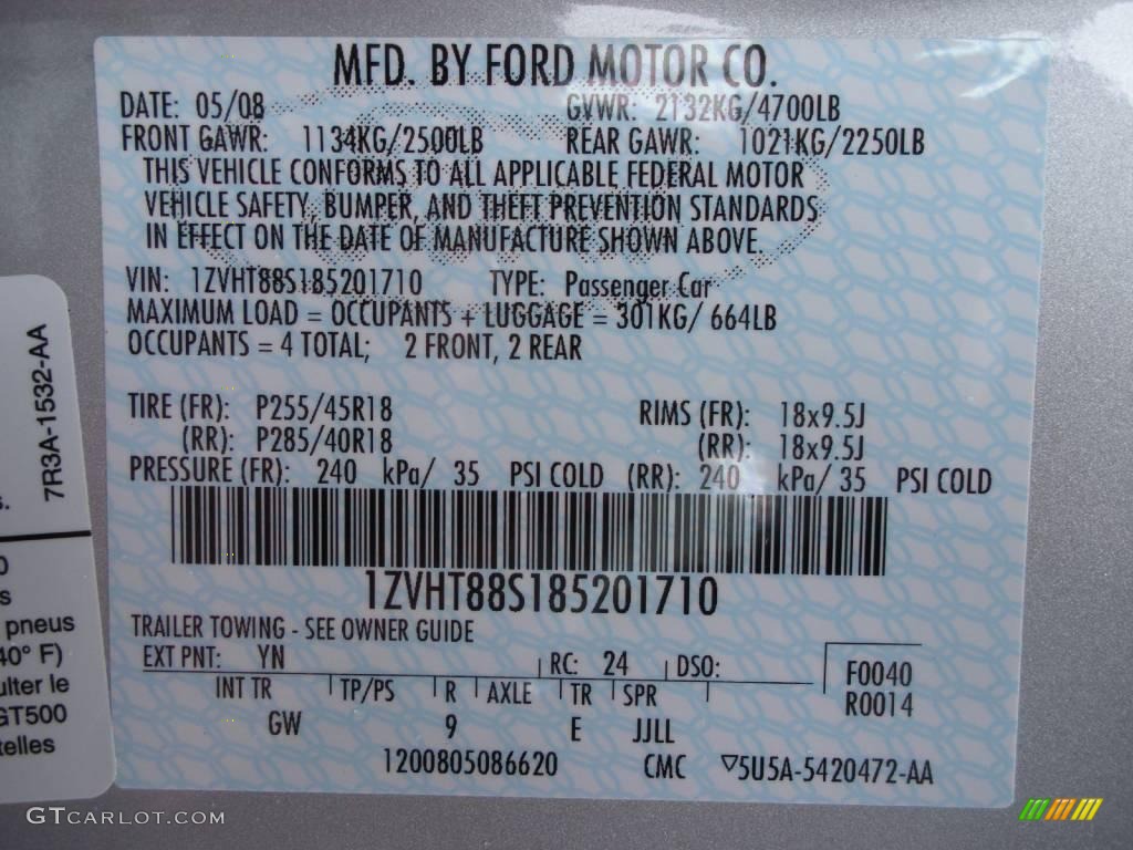 2008 Mustang Color Code YN for Brilliant Silver Metallic Photo #24484163