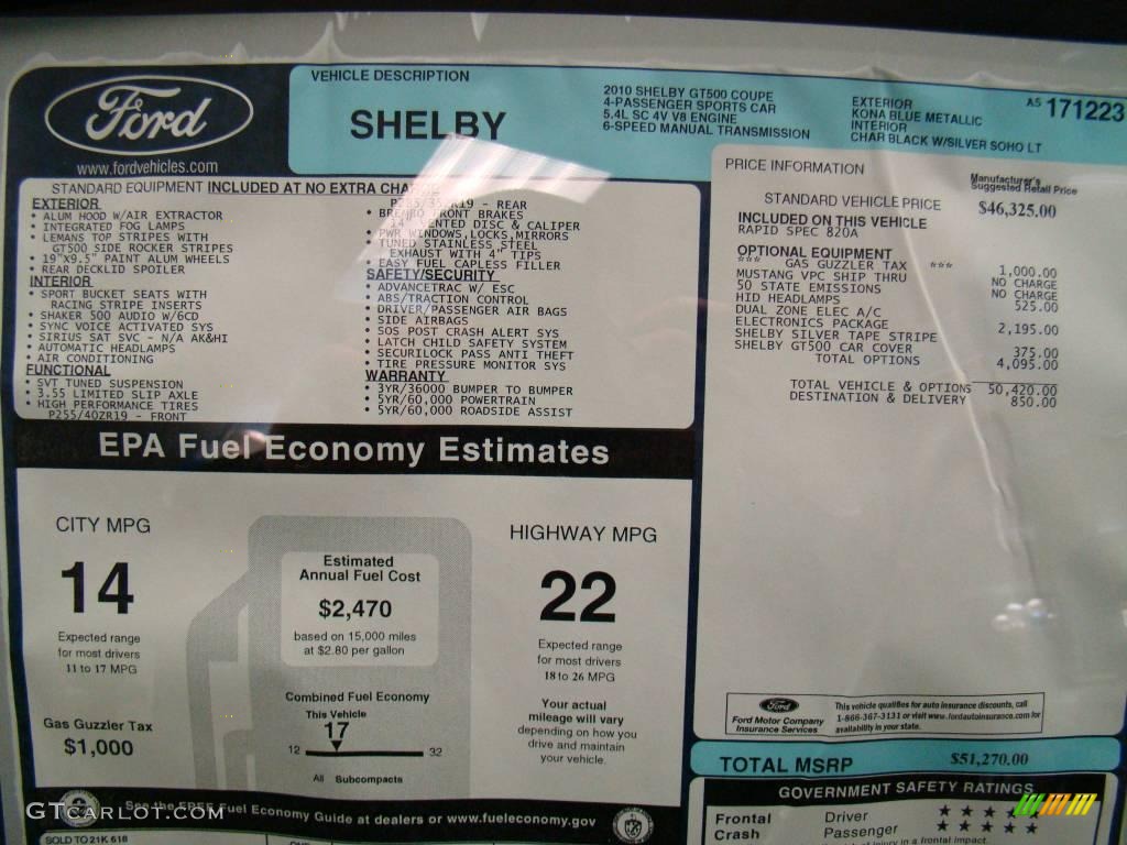 2010 Mustang Shelby GT500 Coupe - Kona Blue Metallic / Charcoal Black/White photo #34