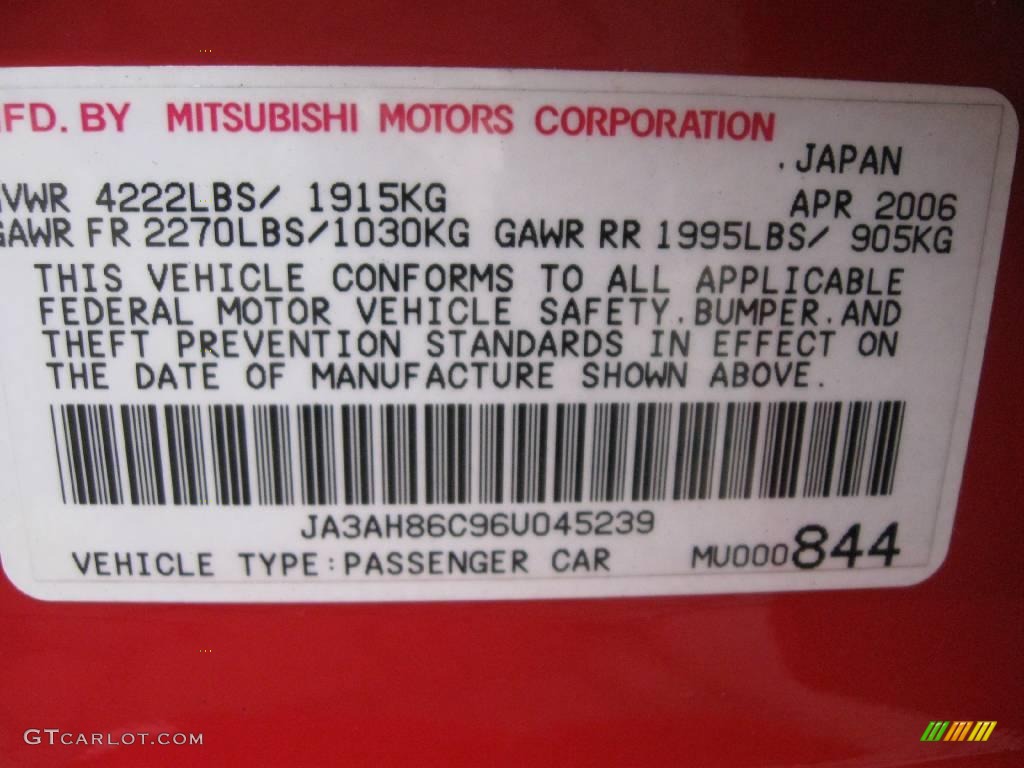 2006 Mitsubishi Lancer Evolution IX MR Info Tag Photos