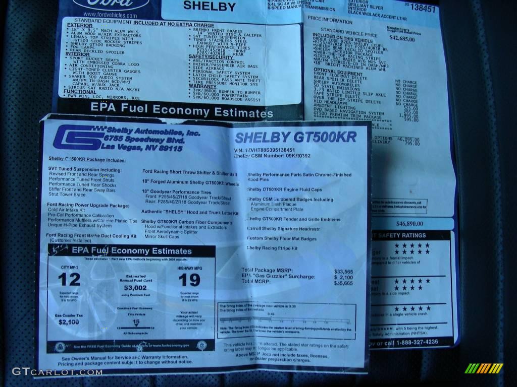 2009 Ford Mustang Shelby GT500KR Coupe Window Sticker Photo #24799226