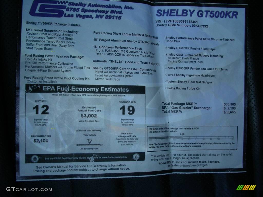 2009 Ford Mustang Shelby GT500KR Coupe Window Sticker Photos