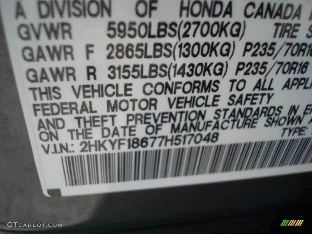 2007 Pilot EX-L 4WD - Nimbus Gray Metallic / Gray photo #14