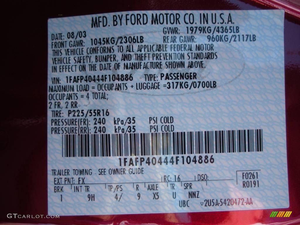 2004 Mustang Color Code FX for 40th Anniversary Crimson Red Metallic Photo #25167756