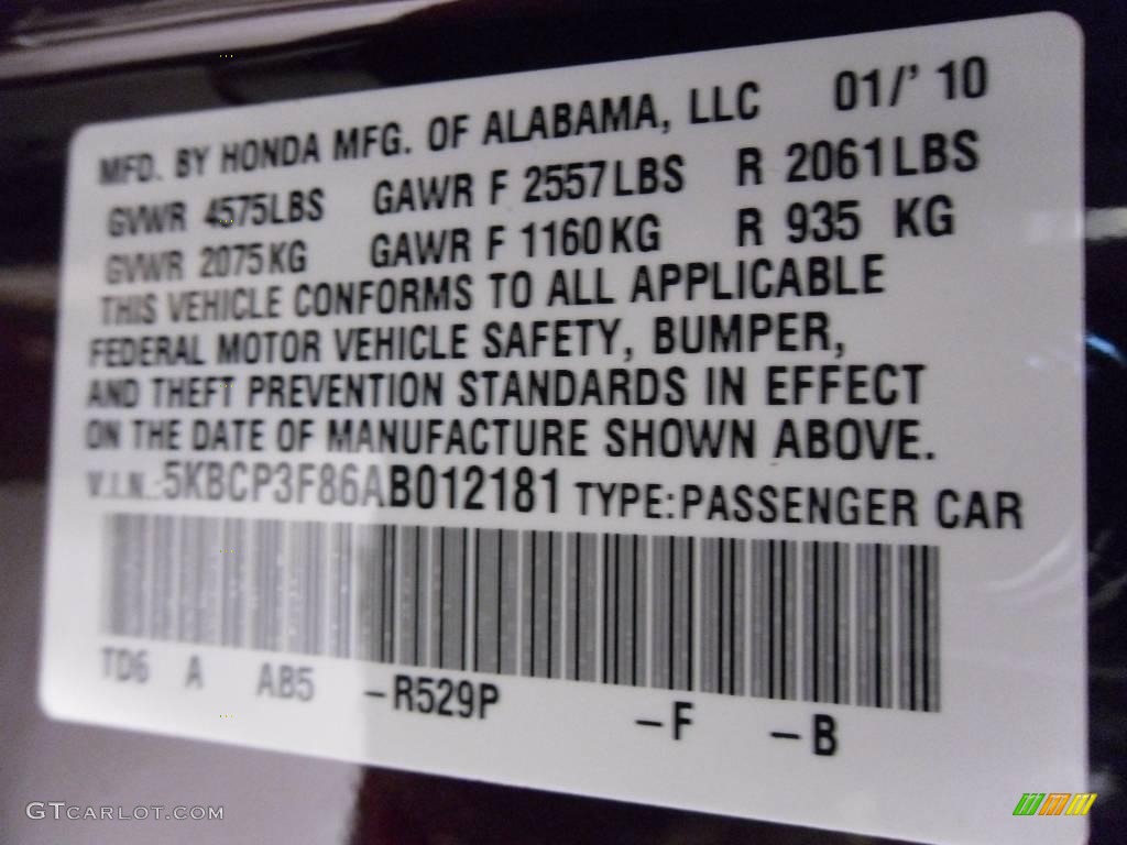 2010 Accord Color Code R529P for Dark Cherry Pearl Photo #25395825