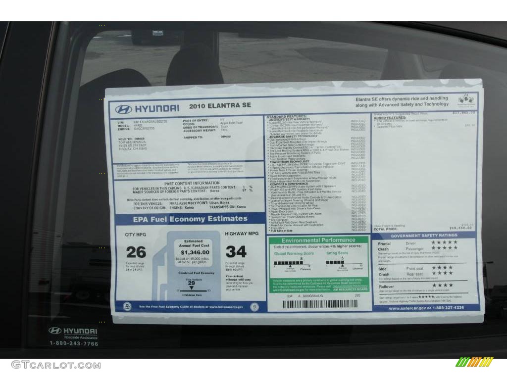 2010 Hyundai Elantra SE Window Sticker Photo #25701405