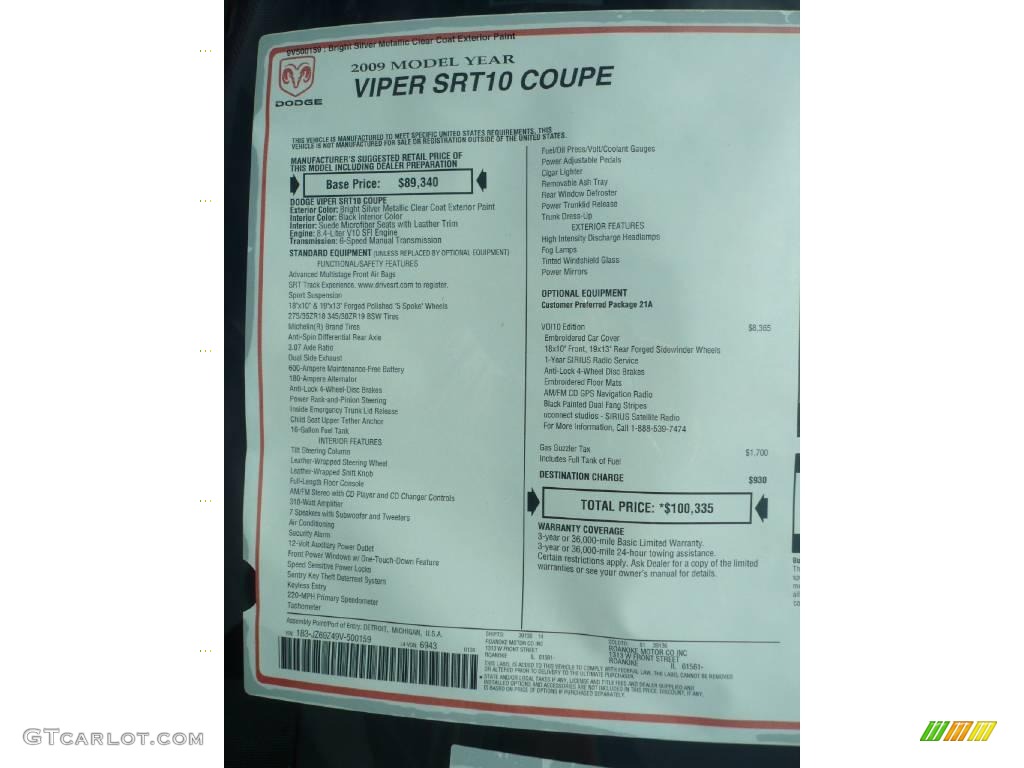 2009 Dodge Viper SRT-10 Coupe Window Sticker Photo #26031037