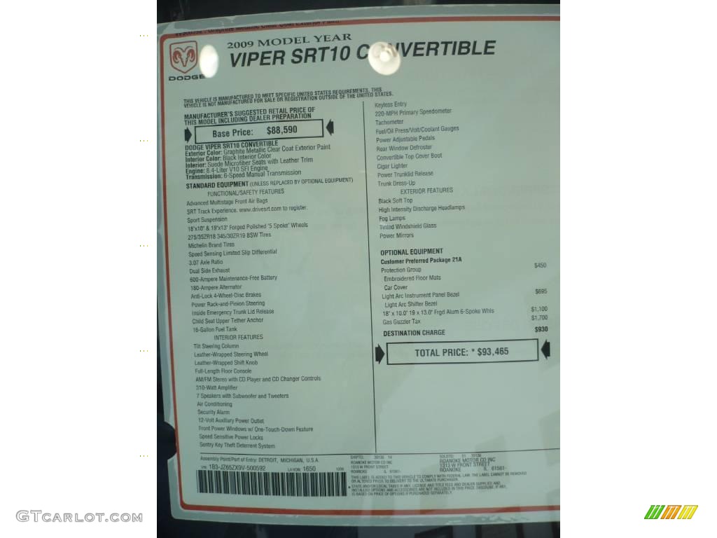 2009 Dodge Viper SRT-10 Window Sticker Photo #26034213