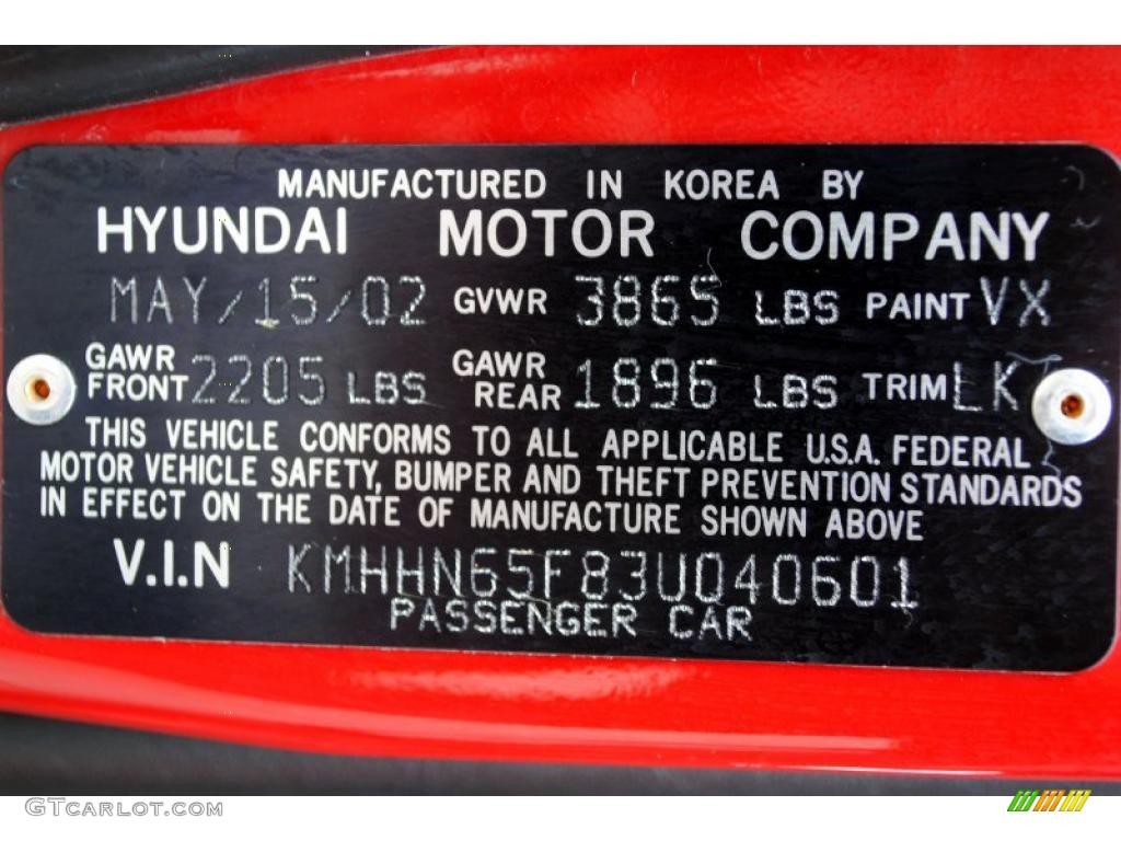 2003 Hyundai Tiburon GT V6 Info Tag Photo #26246780