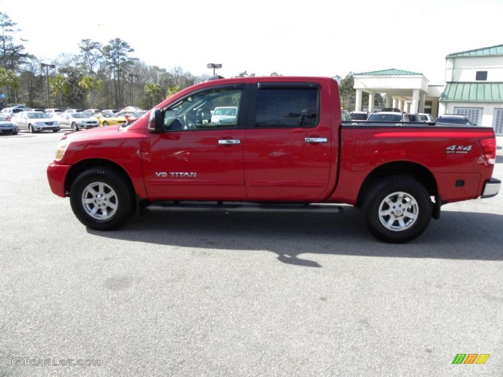 2005 Titan LE Crew Cab 4x4 - Red Alert / Steel photo #2