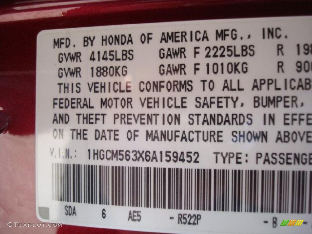 2006 Accord SE Sedan - Redondo Red Pearl / Gray photo #19