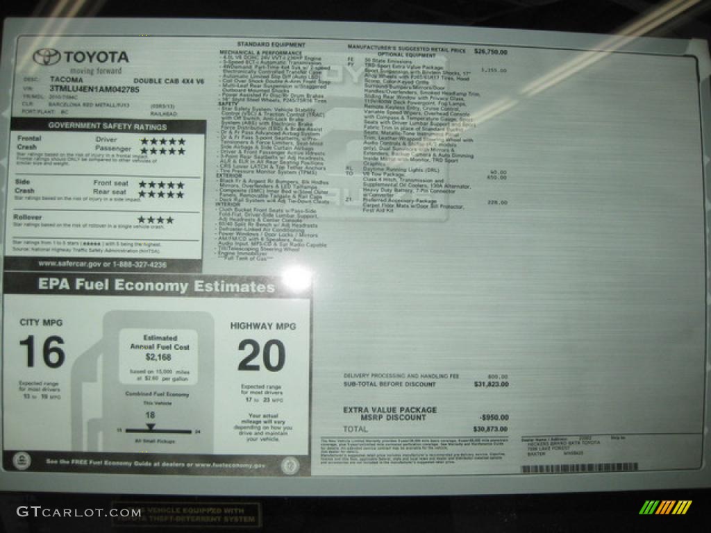 2010 Toyota Tacoma V6 SR5 TRD Sport Double Cab 4x4 Window Sticker Photo #27004715