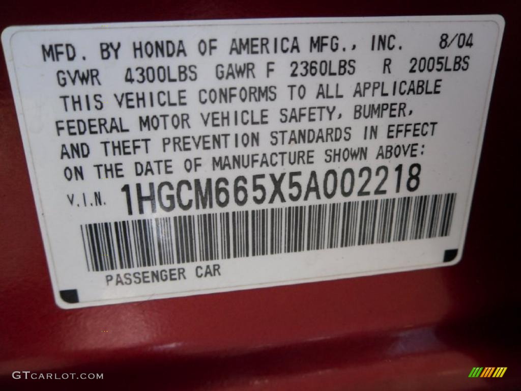 2005 Accord EX-L V6 Sedan - Redondo Red Pearl / Black photo #9