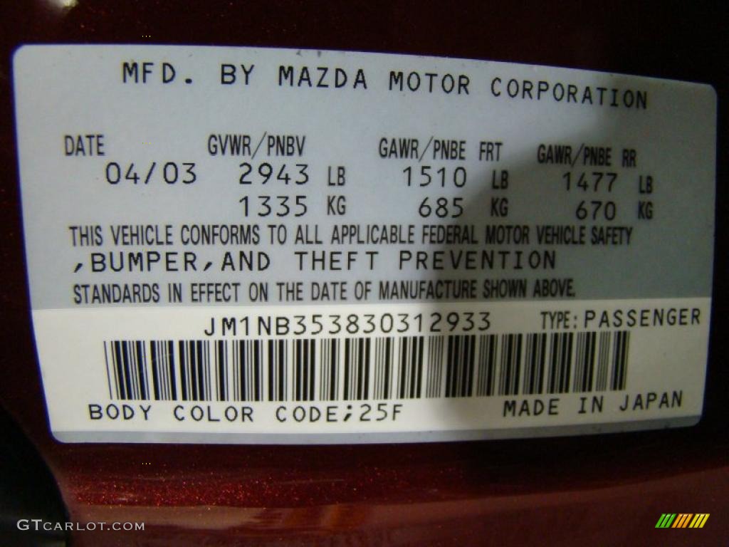 2003 MX-5 Miata Color Code 25F for Garnet Red Mica Photo #27363018