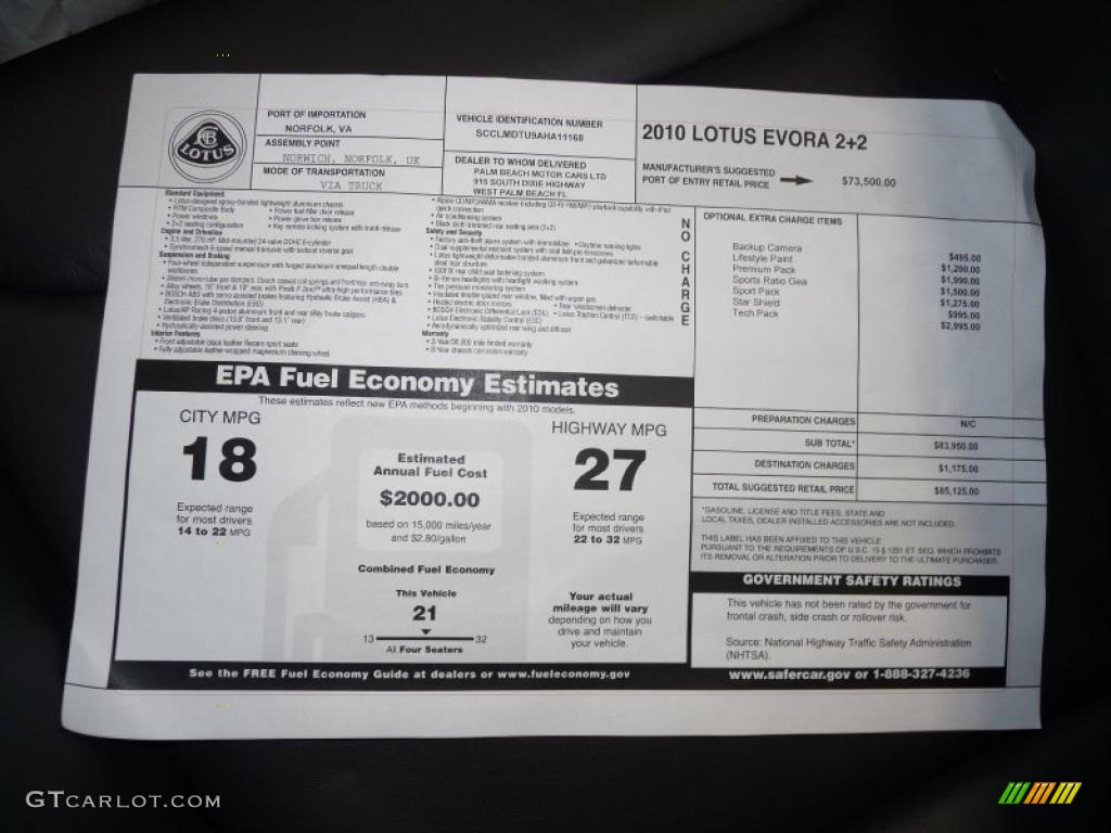 2010 Lotus Evora Coupe Window Sticker Photos
