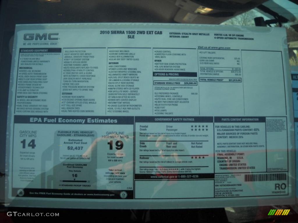 2010 GMC Sierra 1500 SLE Extended Cab Window Sticker Photo #27855702