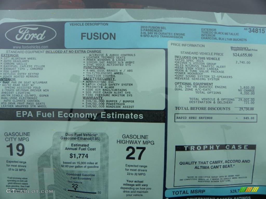 2010 Fusion SEL V6 - Tuxedo Black Metallic / Charcoal Black photo #28