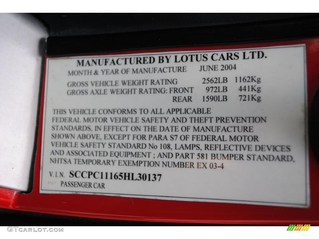 2005 Lotus Elise Standard Elise Model Info Tag Photo #28594049