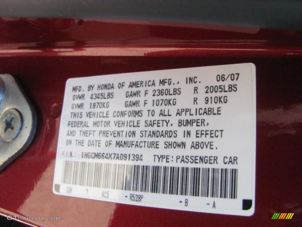 2007 Accord SE V6 Sedan - Moroccan Red Pearl / Gray photo #19