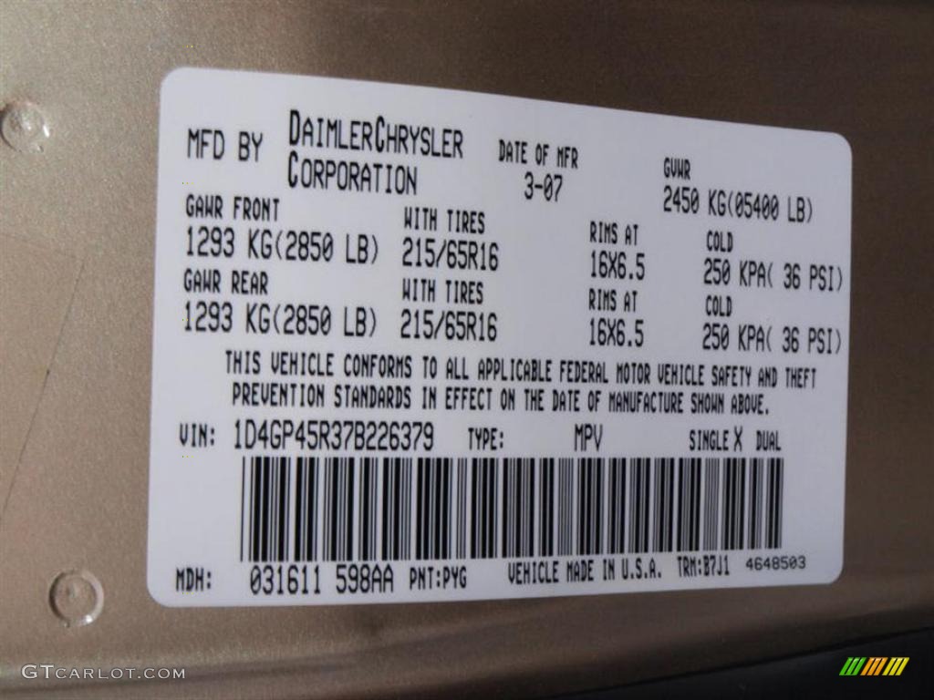 2007 Caravan Color Code PYG for Linen Gold Metallic Pearl Photo #30028911