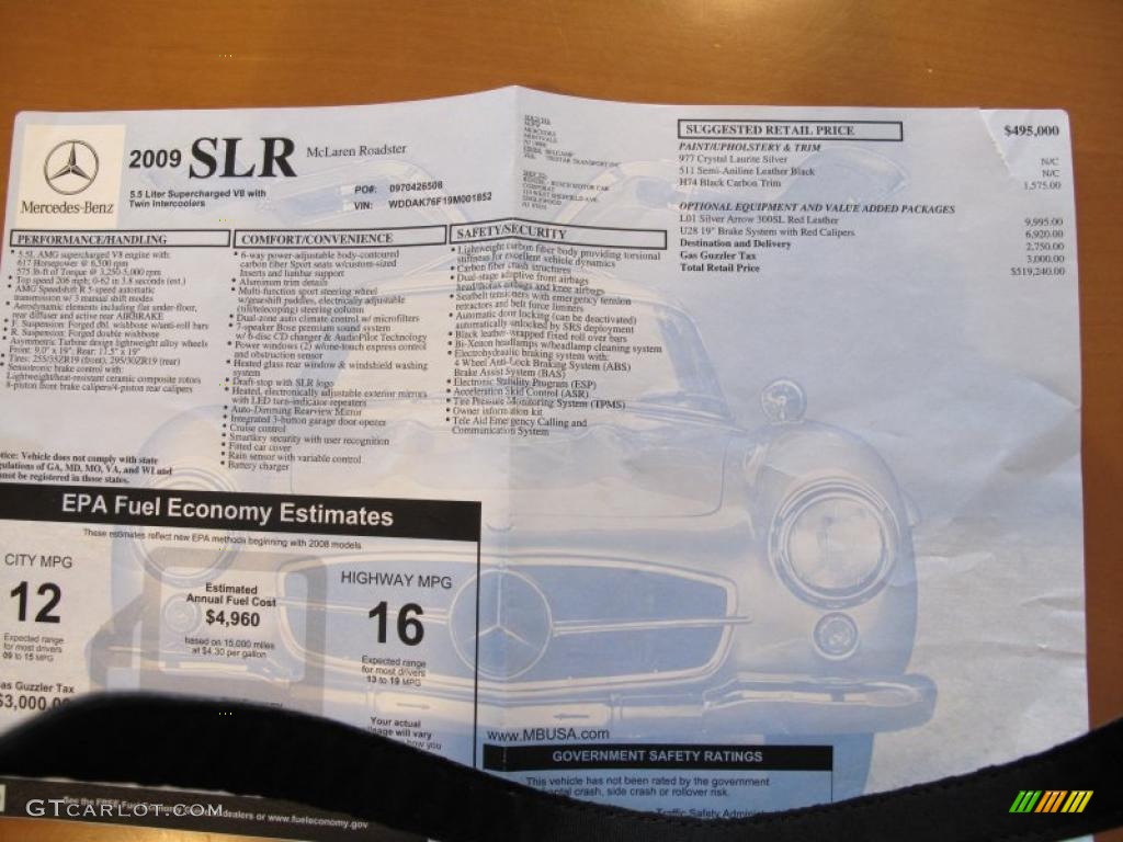 2009 Mercedes-Benz SLR McLaren Roadster Window Sticker Photo #30537797