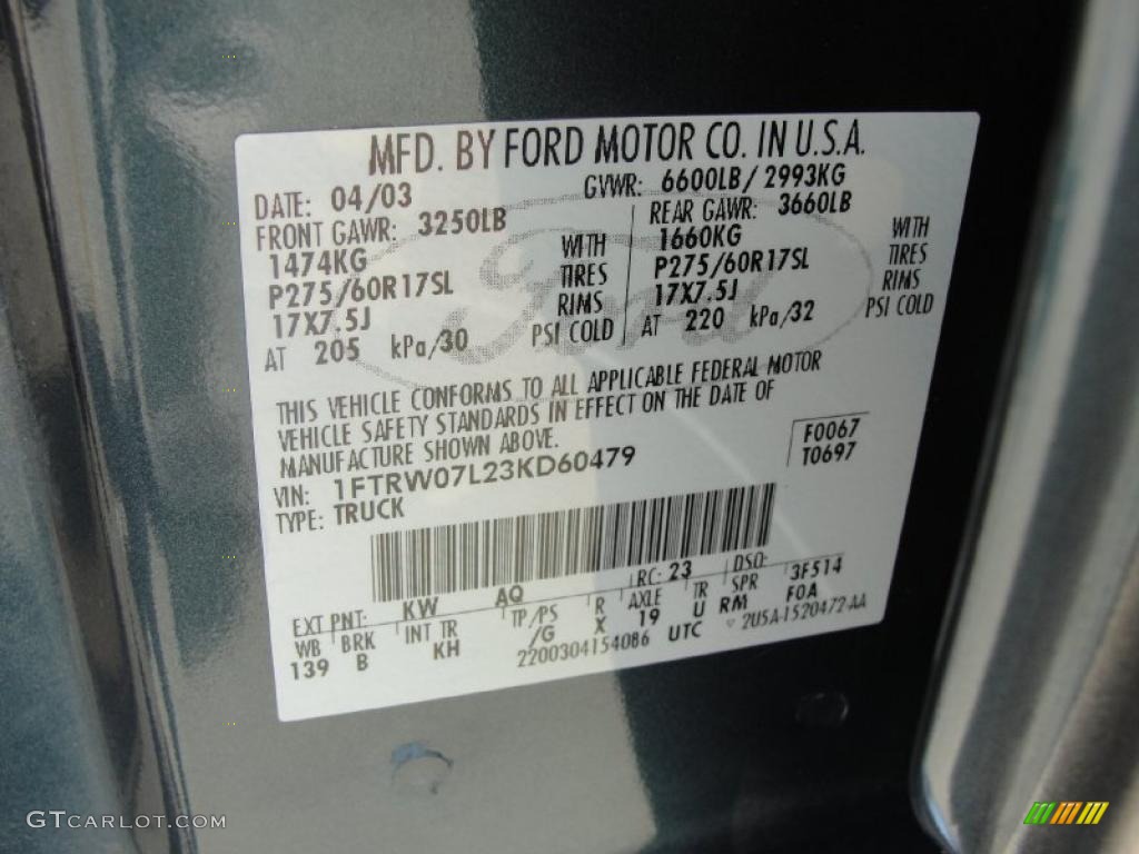 2003 F150 Color Code KW for Charcoal Blue Metallic Photo #30563900
