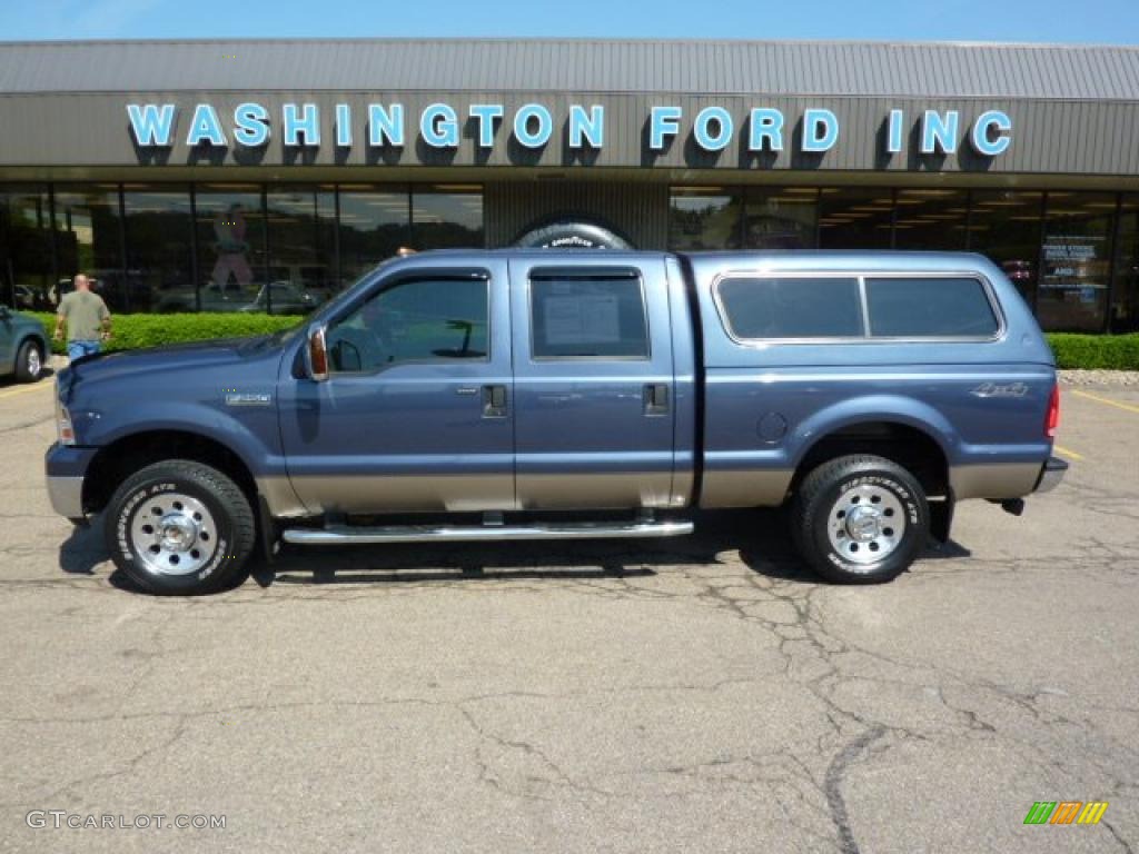 2006 F250 Super Duty XLT Crew Cab 4x4 - Medium Wedgewood Blue Metallic / Tan photo #1