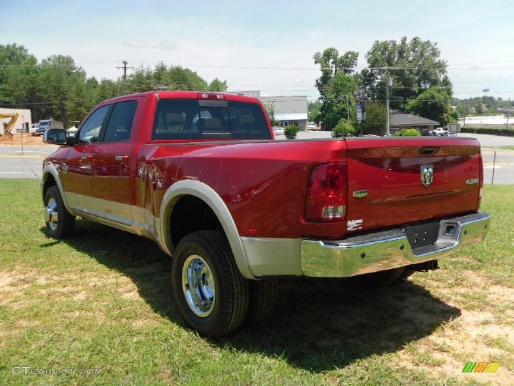 2010 Ram 3500 Laramie Crew Cab 4x4 Dually - Inferno Red Crystal Pearl / Light Pebble Beige/Bark Brown photo #2