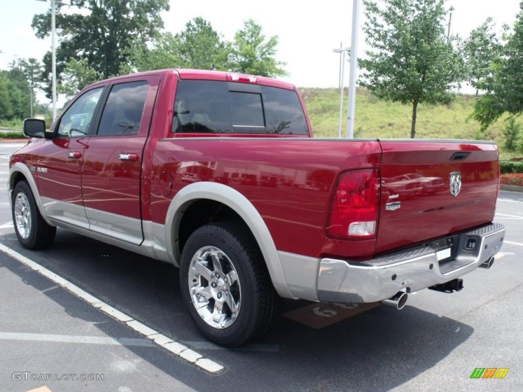 2010 Ram 1500 Laramie Crew Cab - Inferno Red Crystal Pearl / Light Pebble Beige/Bark Brown photo #2