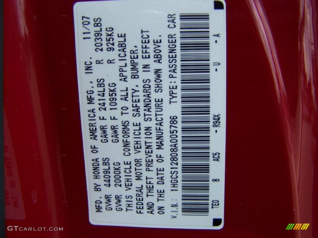 2008 Accord Color Code R94X for San Marino Red Photo #31664953