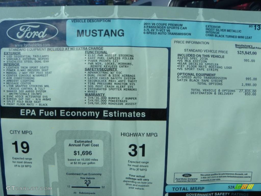 2011 Ford Mustang V6 Mustang Club of America Edition Coupe Window Sticker Photo #32371295