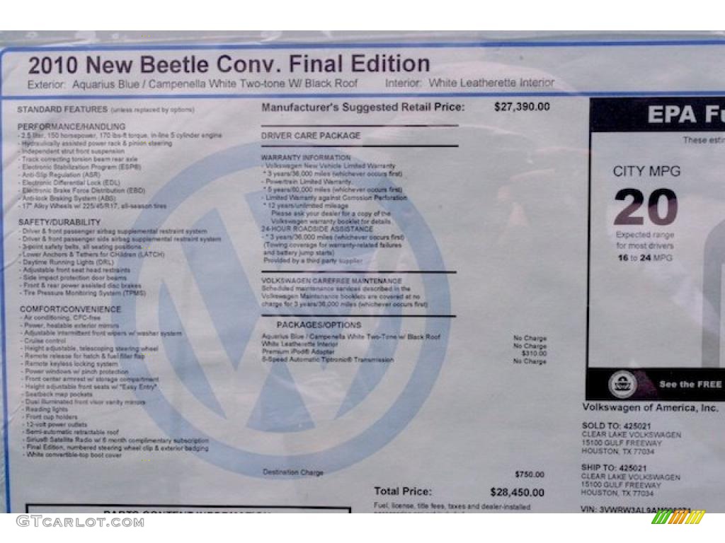 2010 New Beetle Final Edition Convertible - Aquarius Blue/Campanella White / White photo #14