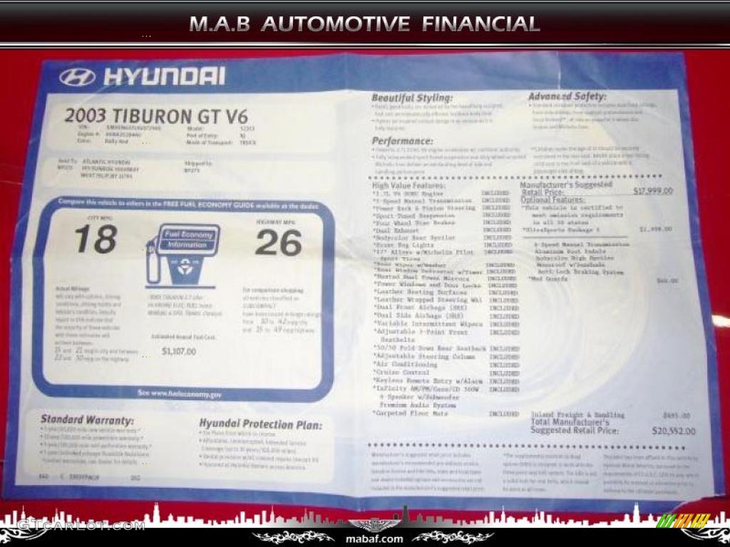 2003 Hyundai Tiburon GT V6 Window Sticker Photo #32612872