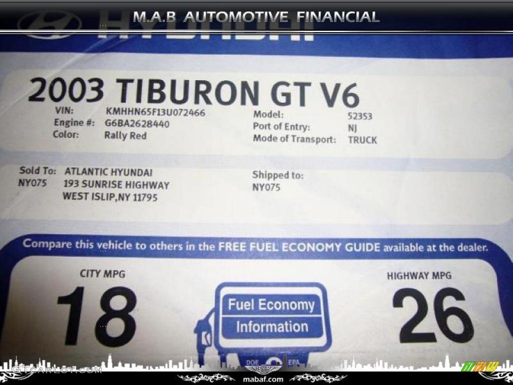 2003 Hyundai Tiburon GT V6 Window Sticker Photo #32612904
