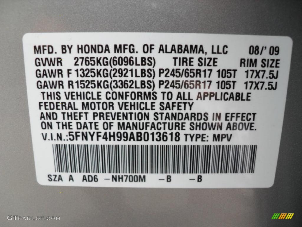 2010 Pilot Color Code NH700M for Alabaster Silver Metallic Photo #32683691