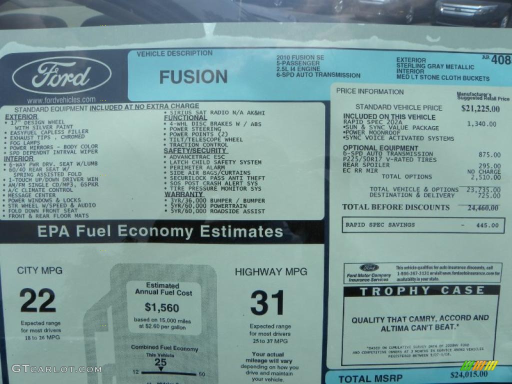 2010 Fusion SE - Sterling Grey Metallic / Medium Light Stone photo #8